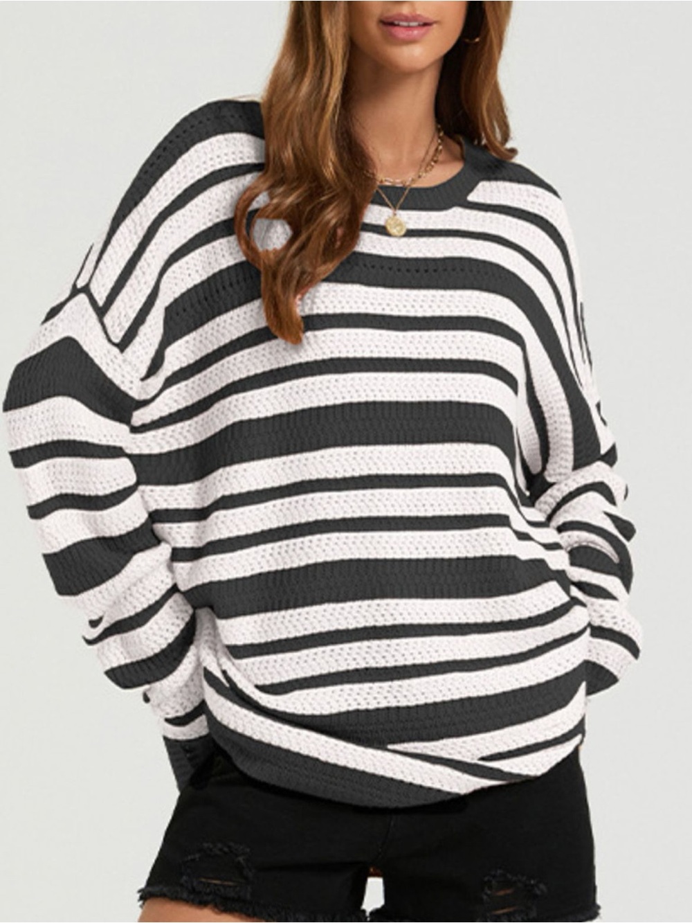 💖Striped Black and White Knit Drop Shoulder Sweater - Casual Oversized Crewneck